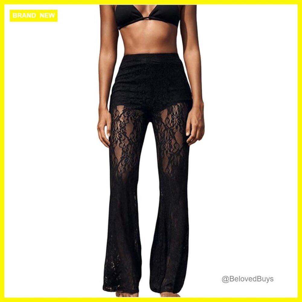 Floral Lace Sheer Mesh Flare Pants Elastic High Waist Trousers